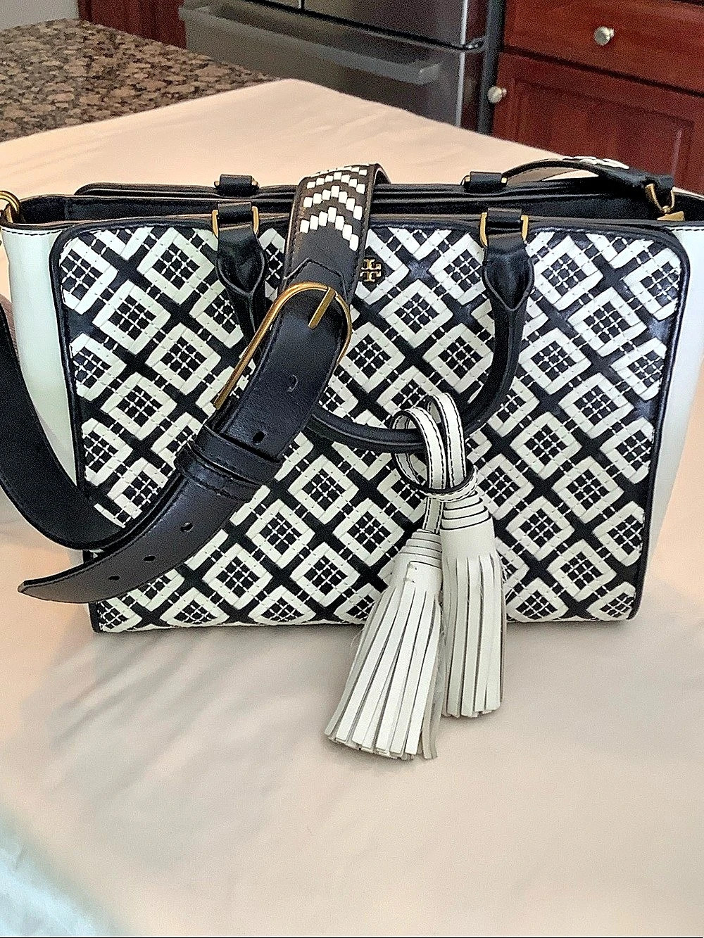 Tory Burch Geometric Tote in Black & White
